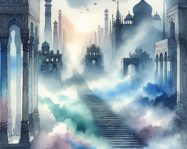 Mystical Landscape with Ethereal Architecture and Fog
