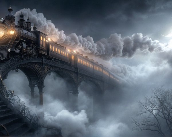Surreal Steam Locomotive on Spiraling Misty Track