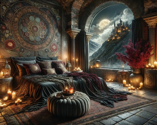 Lavish Bedroom with Rich Textures and Moonlit View