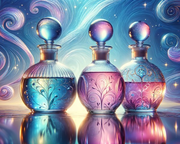 Elegant Glass Bottles with Vibrant Liquids and Orbs