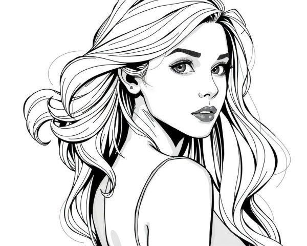 Black-and-white illustration of a woman with flowing hair