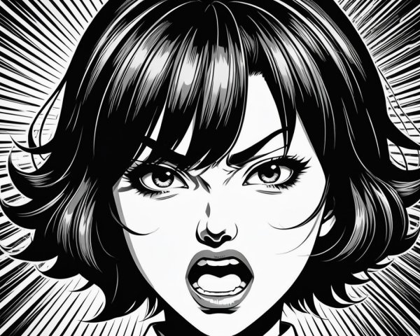 Black and white illustration of a fierce woman screaming