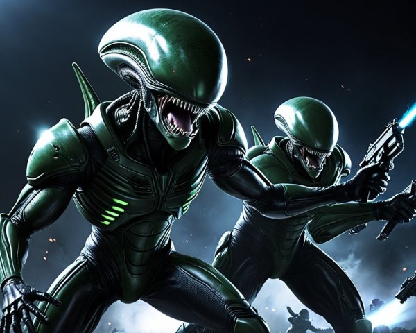 Sleek Green Alien Figures in Futuristic Armor