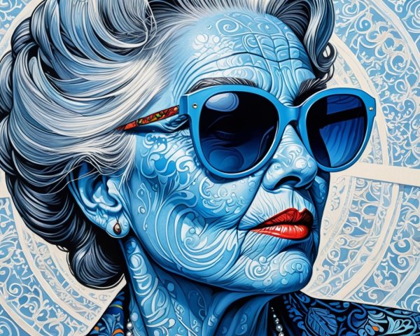 Stylized Portrait of an Elderly Woman with Blue Designs