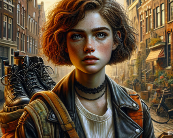 Young woman in vintage style on urban street scene
