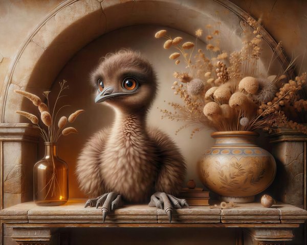 Brown Baby Bird with Vases Under Rustic Archway