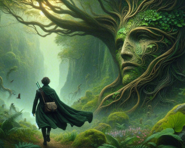 Enchanted forest with ancient tree and serene path