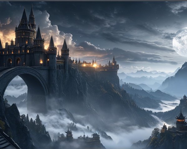 Majestic Castle on Rocky Cliff Under Moonlight