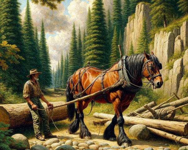 Man and Chestnut Horse Navigate Rocky Forest Path