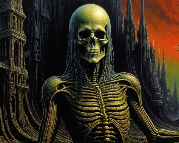 Skeletal Figure in Dark Surreal Landscape with Fire Sky