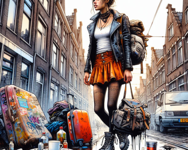 Young Woman in Urban Scene with Graffiti and Bags