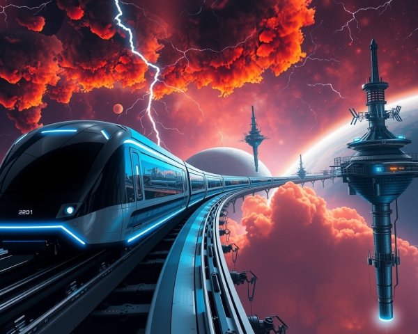 Futuristic train in a vibrant cosmic landscape