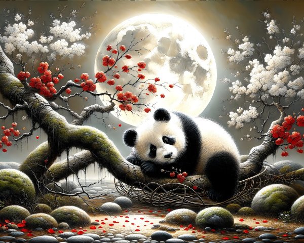 Panda Nestled in Cherry Blossoms Under Moonlight