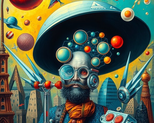 Futuristic figure with whimsical elements in vibrant landscape
