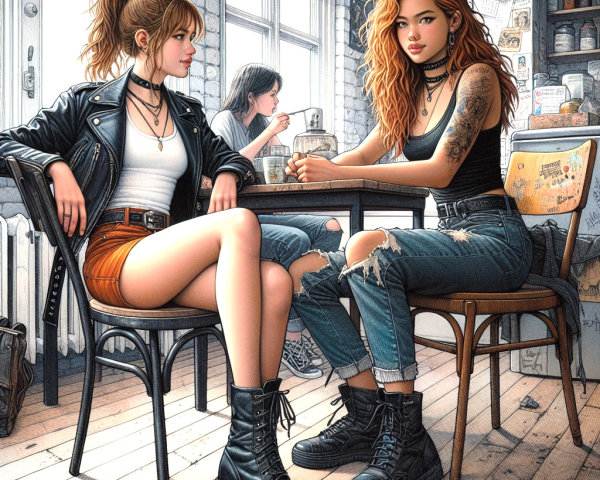 Stylish Women in Cozy Café Setting with Relaxed Vibe