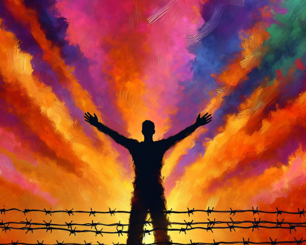 Silhouetted Figure Against Vibrant Swirling Sky