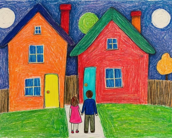 Colorful Drawing of Two Houses Under a Starry Sky