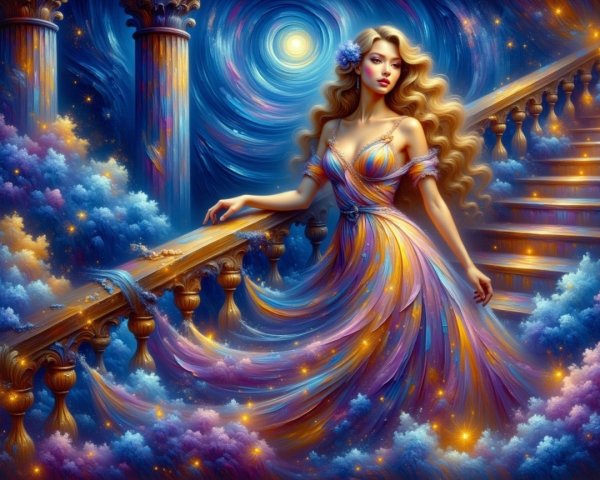 Ethereal figure on stairway in moonlit setting