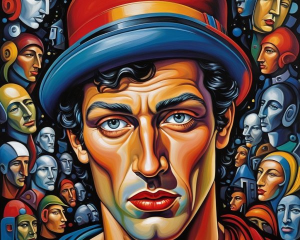 Artwork of Central Figure with Abstract Faces and Colors