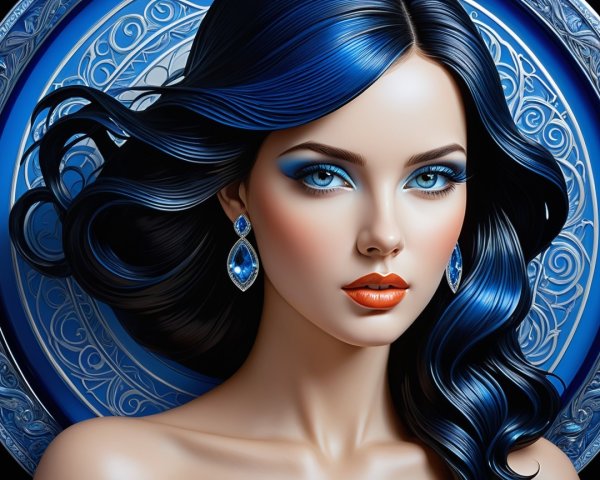 Portrait of a woman with dark blue hair and earrings