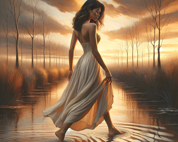 Woman in White Dress Walking Through Calm Waters at Sunset