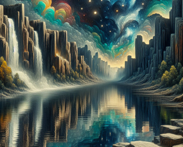 Jagged Cliffs and Serene River with Cosmic Sky