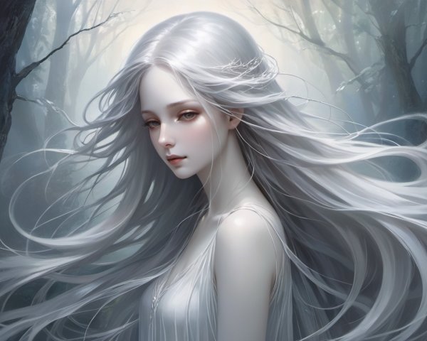 Serene Figure in Misty Forest with Ethereal Beauty