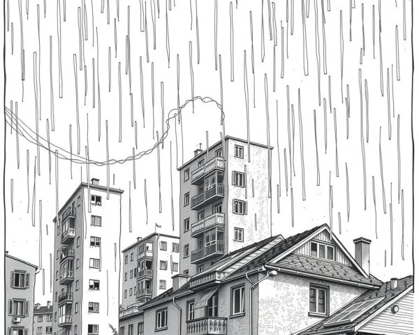 Black and white rainy cityscape illustration with homes