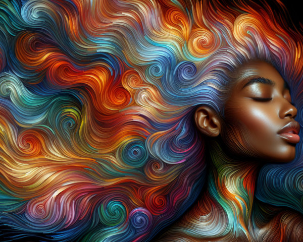 Portrait of a woman with vibrant, swirling hair colors