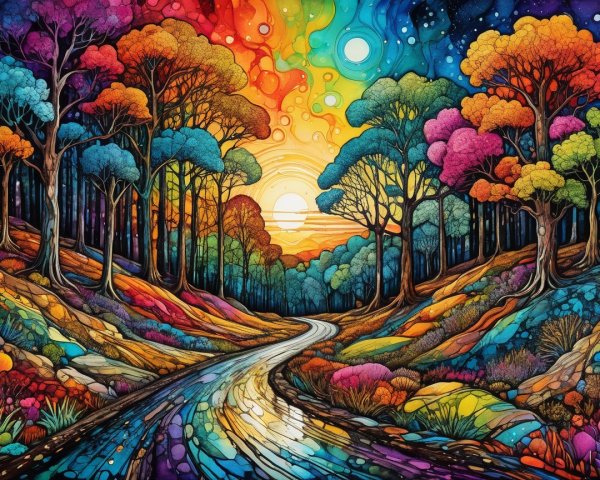 Surreal Landscape with Winding River and Colorful Sky