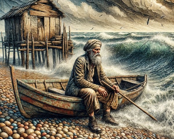 Elderly man in boat by pebbled shore and sea