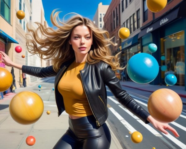 Fashionable Woman in Dynamic Pose with Colorful Spheres