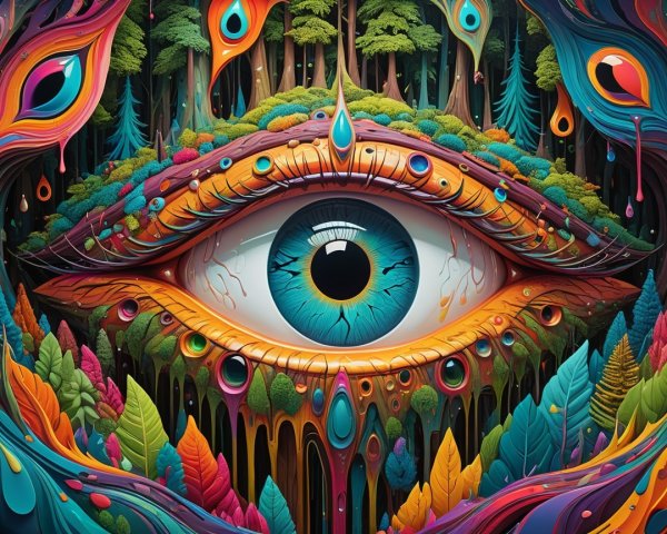Surreal Eye Surrounded by Vibrant Colors and Patterns