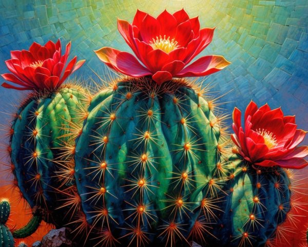 Vibrant Cacti with Red Flowers in Colorful Background