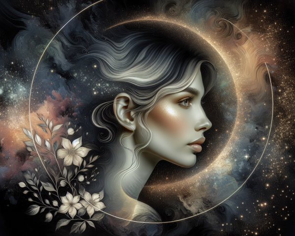 Dreamy Woman Profile Against Cosmic Backdrop