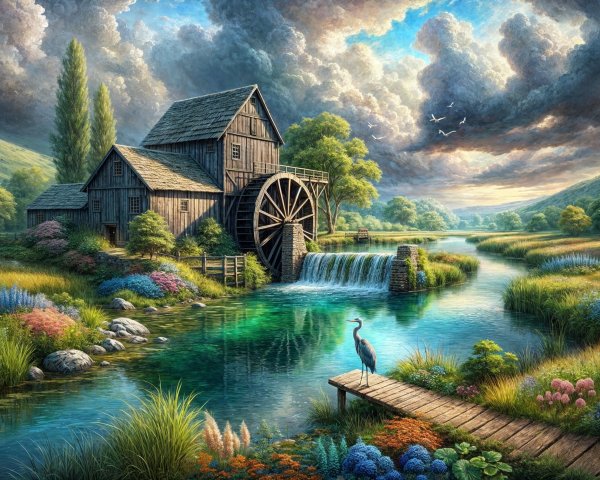 Wooden Watermill by Vibrant River in Serene Landscape
