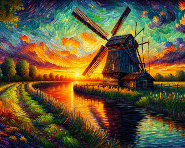 Vibrant Sunset Over Countryside with Windmill and River