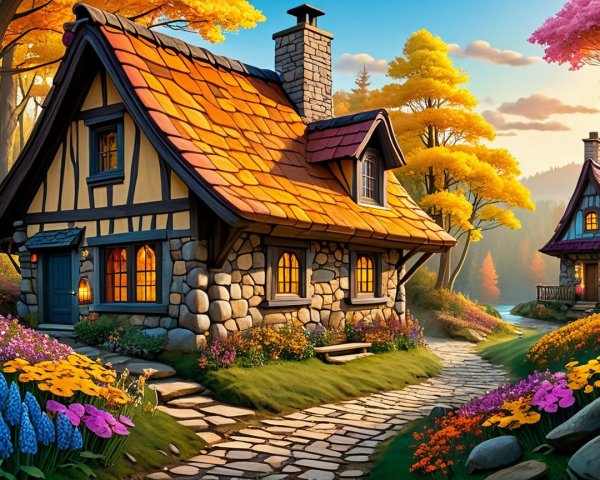Picturesque Cottage in Vibrant Autumn Landscape