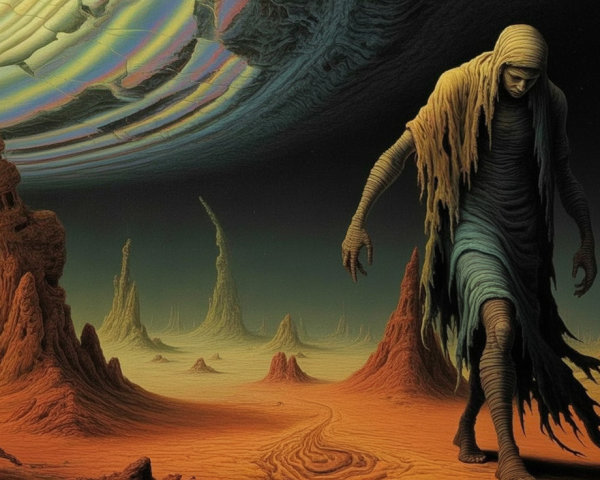 Mysterious Figure in Surreal Alien Landscape