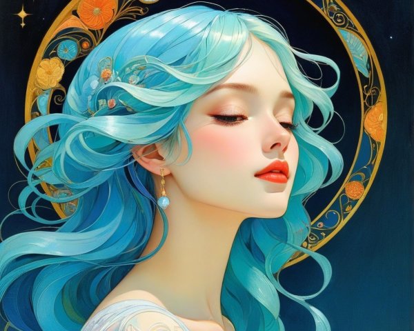 Ethereal Portrait of a Woman with Aqua-Blue Hair
