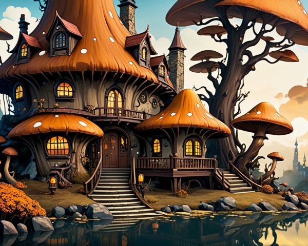 Whimsical Mushroom House by a Tranquil Lake