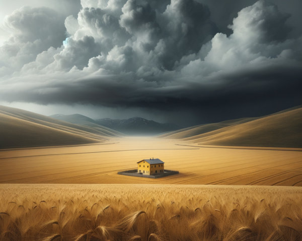 Yellow House in Golden Wheat Fields Under Dramatic Sky