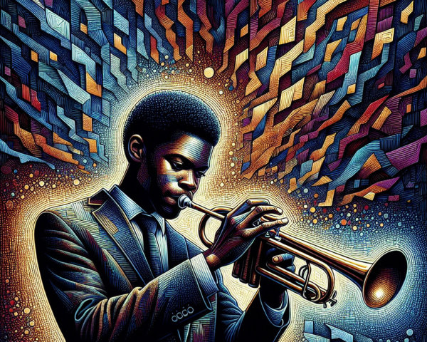 Young Musician Playing Trumpet in Colorful Abstract Setting