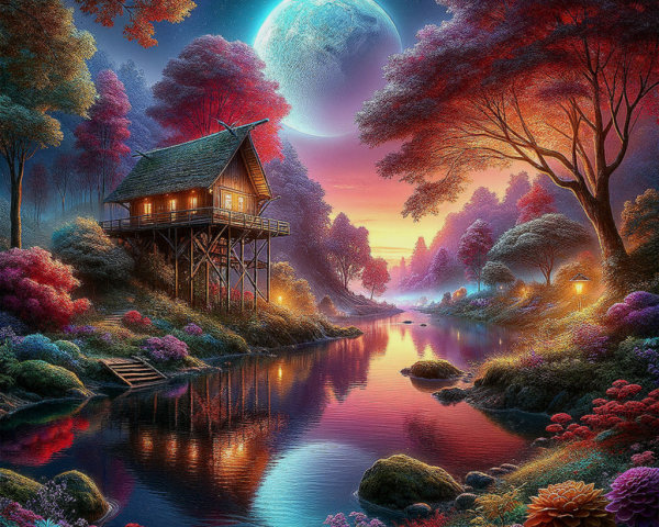 Wooden House by River in Autumn Sunset Landscape