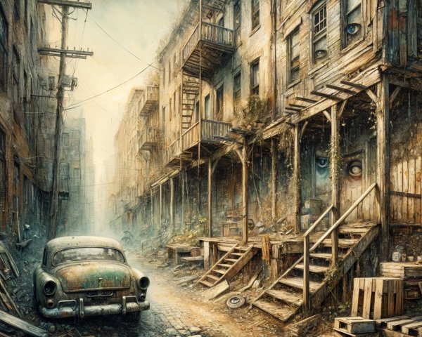 Abandoned street scene with dilapidated buildings and eyes
