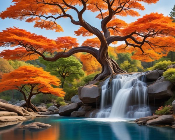Serene landscape with waterfall and vibrant trees