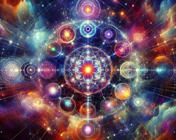 Vibrant Cosmic Scene with Mandala and Galaxies