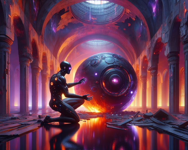 Humanoid Figure Kneeling Before a Glowing Orb