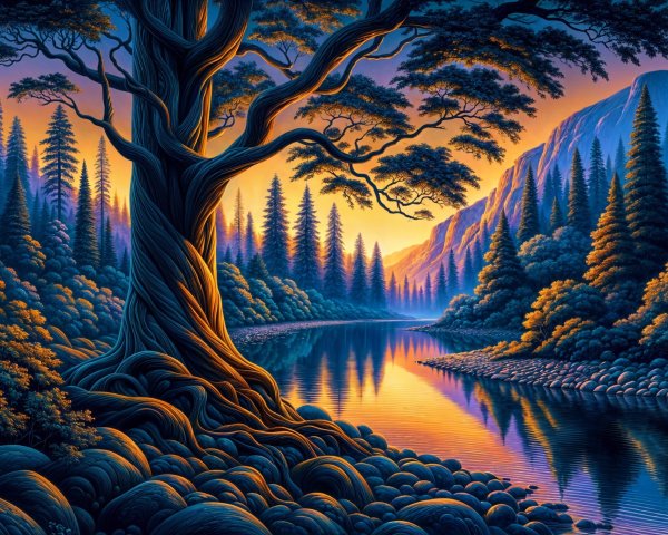 Majestic tree and serene river at sunset landscape