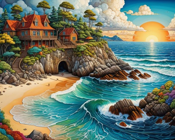 Charming Coastal House with Scenic Sunset and Waves